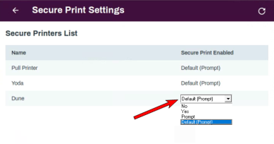 Secure Print Settings pop up showing a list of installed printers, the Secure Print Enabled column with the prompt/no prompt settings, and an arrow pointing to the last printer's expanded options showing the different prompt options. 